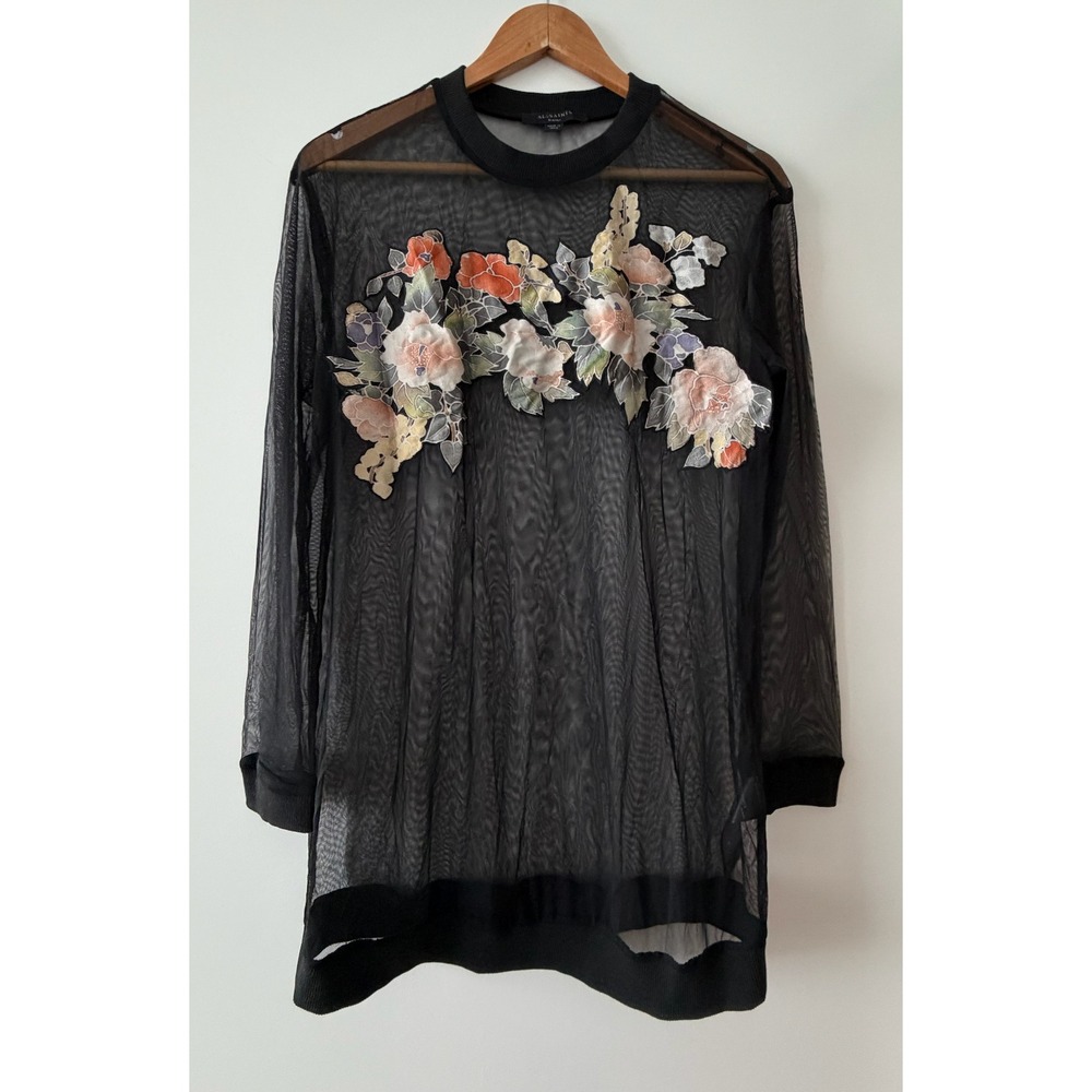 AllSaints Black Sheer Mesh Floral Embroidered Long Sleeve Top/Dress Small